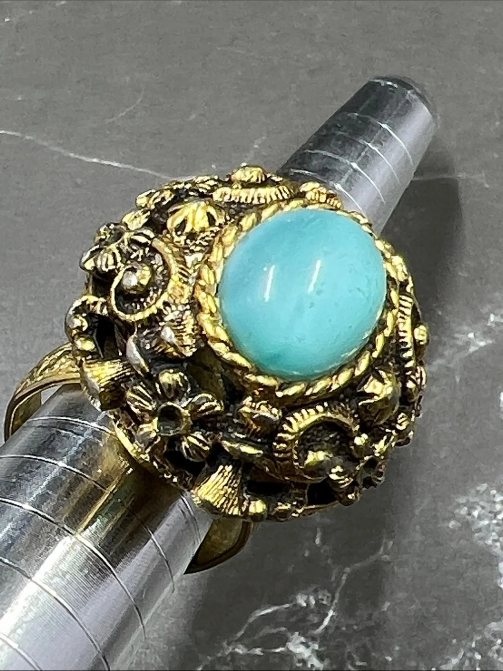 Vintage 70’s Sarah Coventry Czarina Adjustable Ring w/ Blue Cabachon Stone